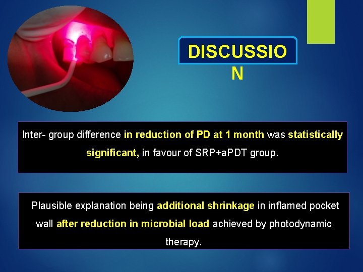 DISCUSSIO N Inter- group difference in reduction of PD at 1 month was statistically