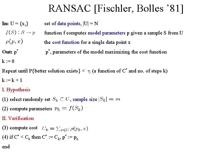 RANSAC [Fischler, Bolles ’ 81] In: U = {xi} set of data points, |U|