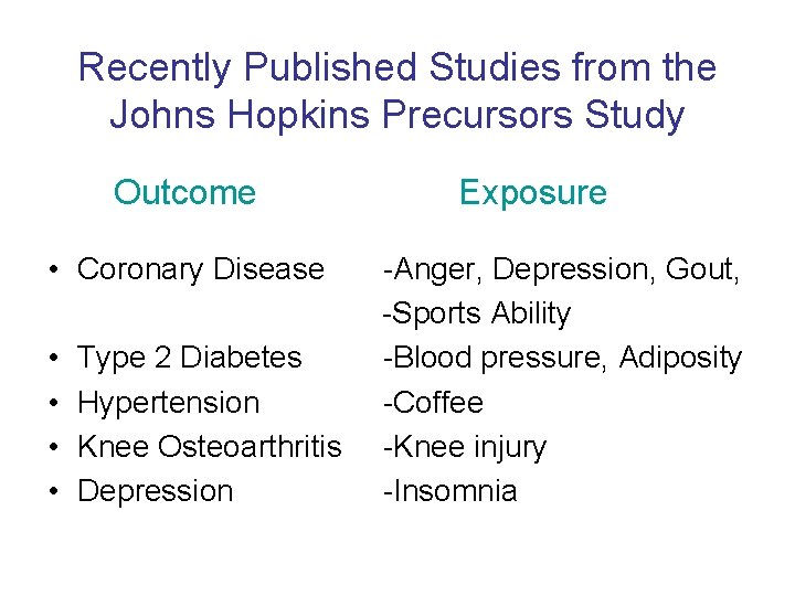 Recently Published Studies from the Johns Hopkins Precursors Study Outcome • Coronary Disease •