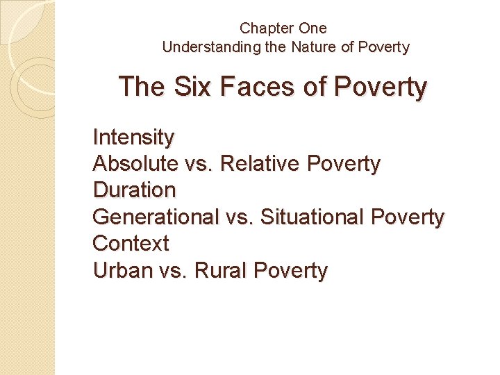 Chapter One Understanding the Nature of Poverty The Six Faces of Poverty Intensity Absolute