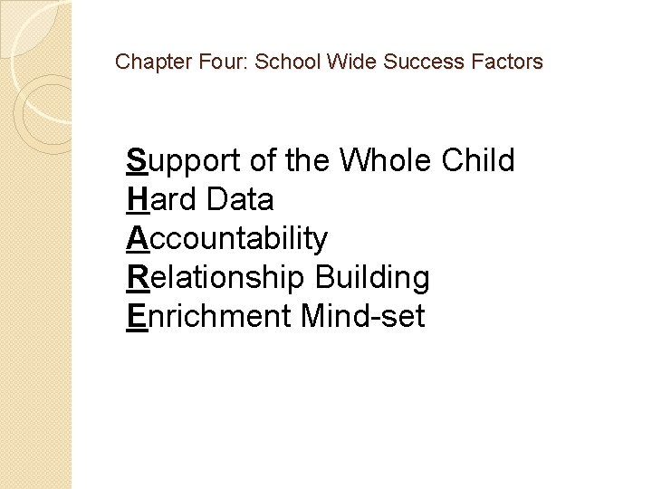Chapter Four: School Wide Success Factors Support of the Whole Child Hard Data Accountability