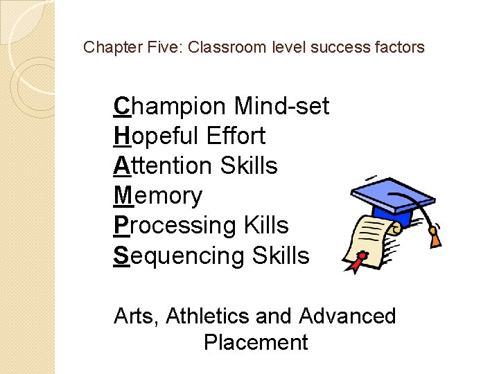 Chapter Five: Classroom level success factors Champion Mind-set Hopeful Effort Attention Skills Memory Processing