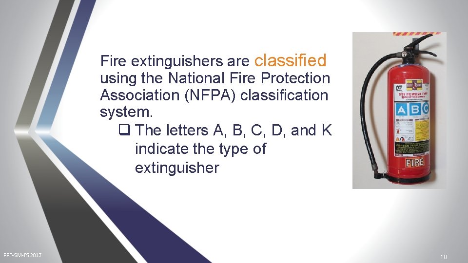 Fire extinguishers are classified using the National Fire Protection Association (NFPA) classification system. q