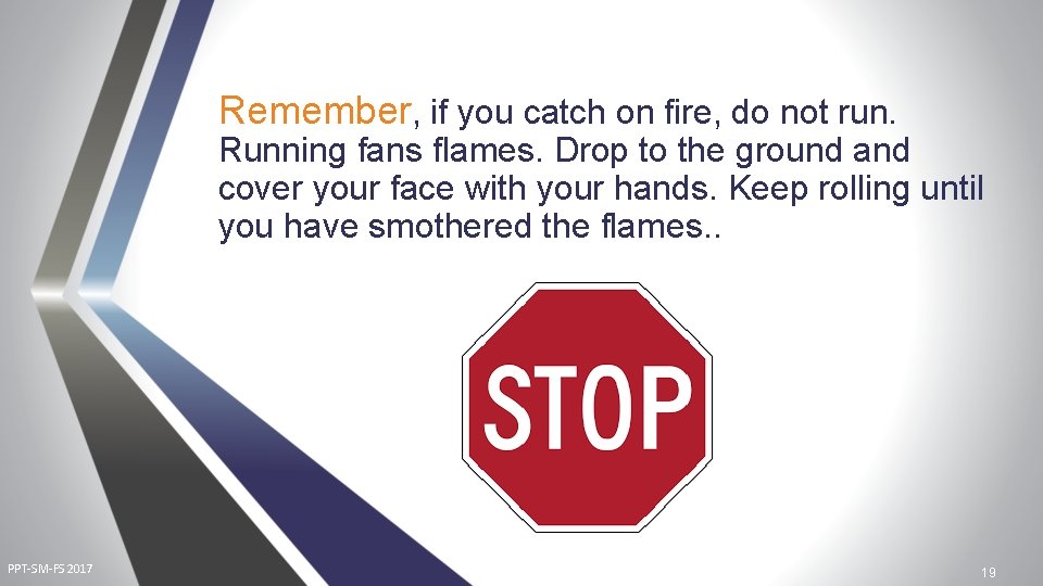 Remember, if you catch on fire, do not run. Running fans flames. Drop to