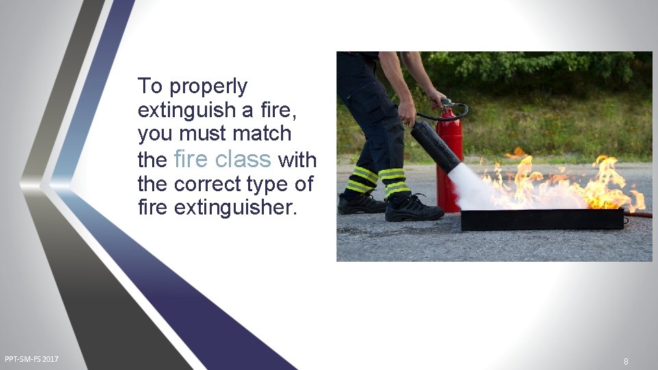 To properly extinguish a fire, you must match the fire class with the correct