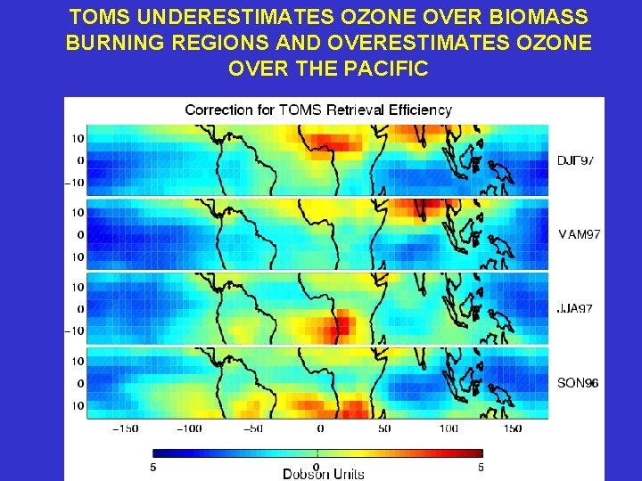 TOMS UNDERESTIMATES OZONE OVER BIOMASS BURNING REGIONS AND OVERESTIMATES OZONE OVER THE PACIFIC 