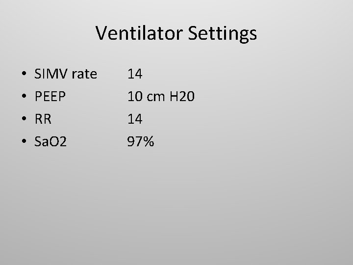 Ventilator Settings • • SIMV rate PEEP RR Sa. O 2 14 10 cm