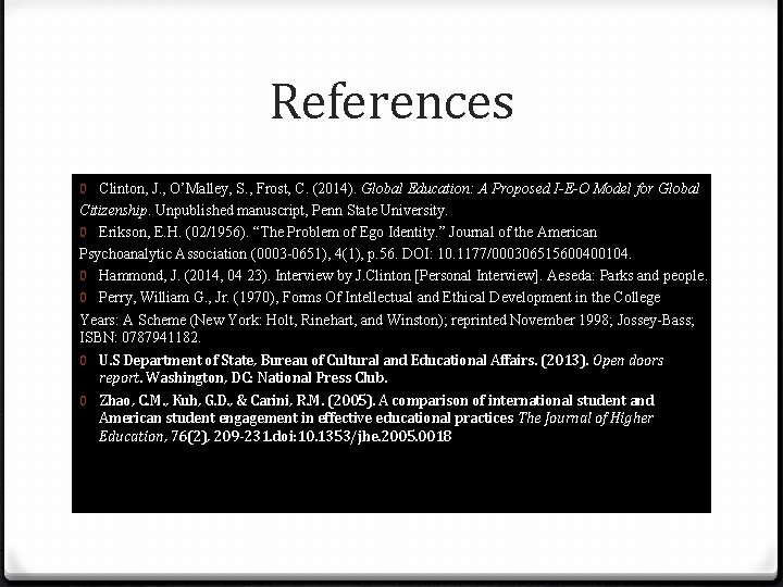 References 0 Clinton, J. , O’Malley, S. , Frost, C. (2014). Global Education: A