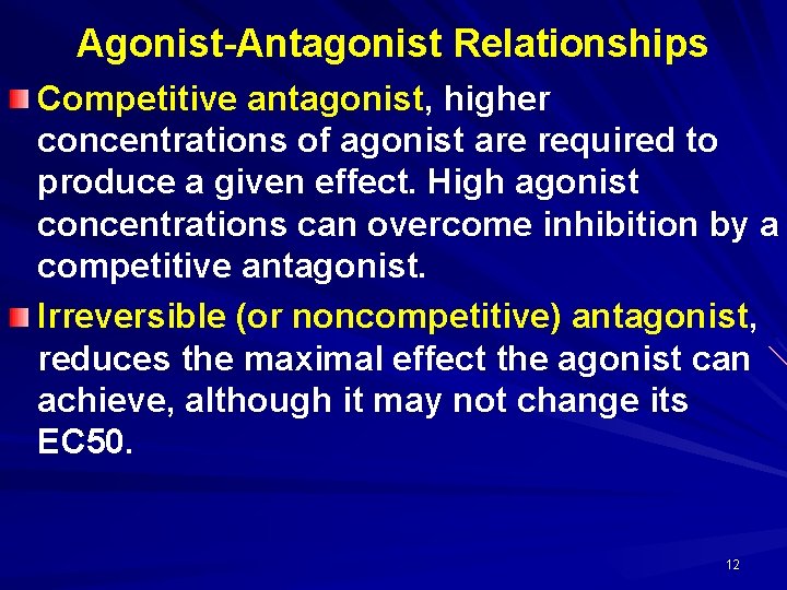 Agonist-Antagonist Relationships Competitive antagonist, higher concentrations of agonist are required to produce a given