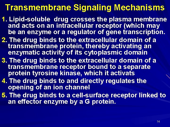 Transmembrane Signaling Mechanisms 1. Lipid-soluble drug crosses the plasma membrane and acts on an