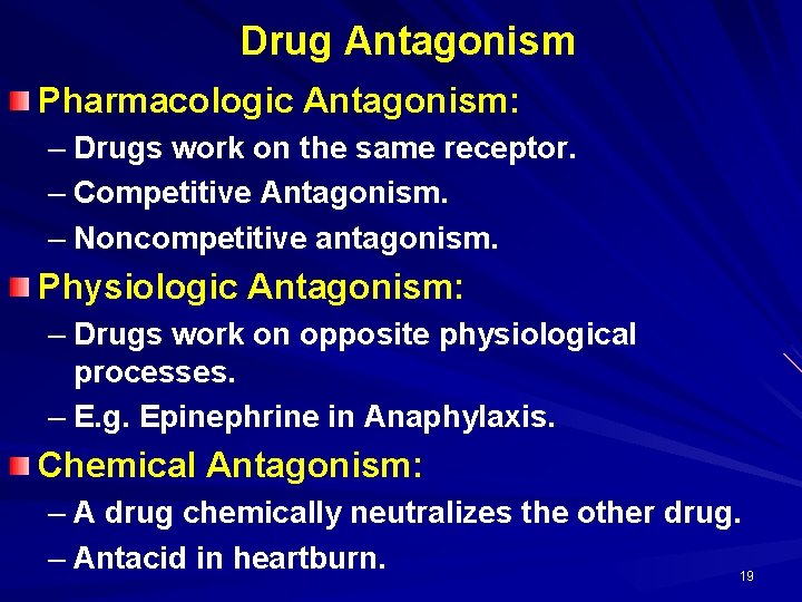 Drug Antagonism Pharmacologic Antagonism: – Drugs work on the same receptor. – Competitive Antagonism.