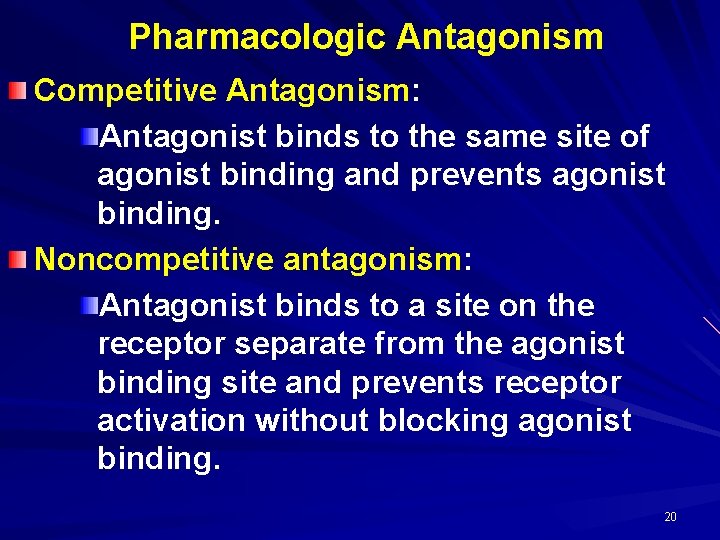Pharmacologic Antagonism Competitive Antagonism: Antagonist binds to the same site of agonist binding and