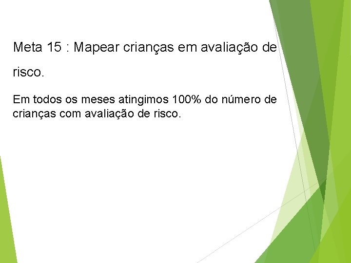 Meta 15 : Mapear crianças em avaliação de risco. Em todos os meses atingimos