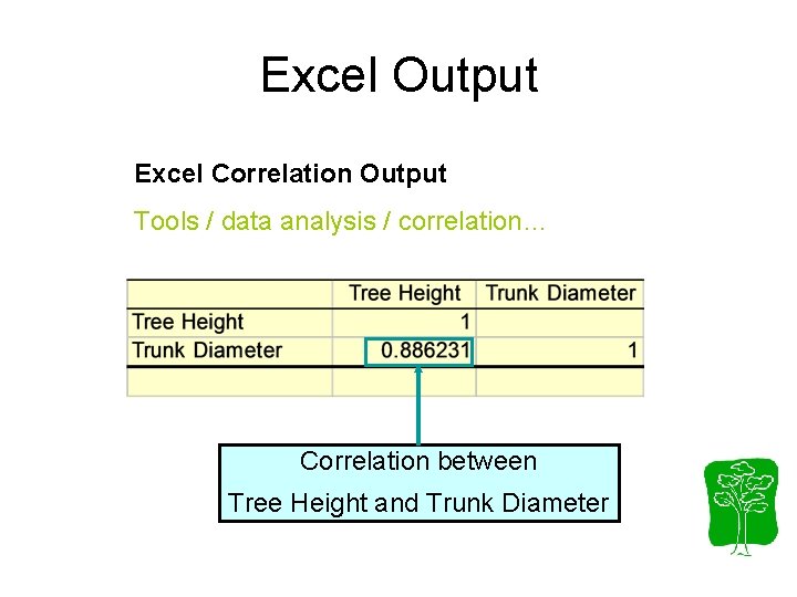 Excel Output Excel Correlation Output Tools / data analysis / correlation… Correlation between Tree