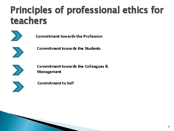 Principles of professional ethics for teachers Commitment towards the Profession Commitment towards the Students