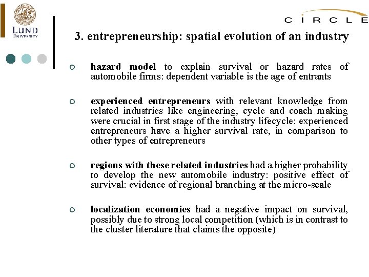 3. entrepreneurship: spatial evolution of an industry ¢ hazard model to explain survival or