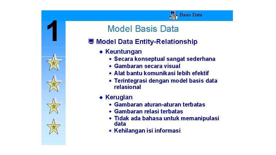 1 Basis Data Model Basis Data ¿ Model Data Entity-Relationship ¨ Keuntungan · ·