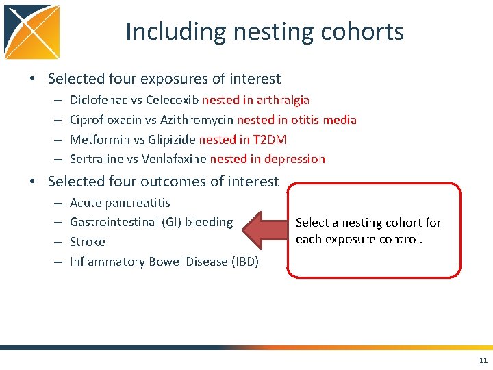 Including nesting cohorts • Selected four exposures of interest – – Diclofenac vs Celecoxib