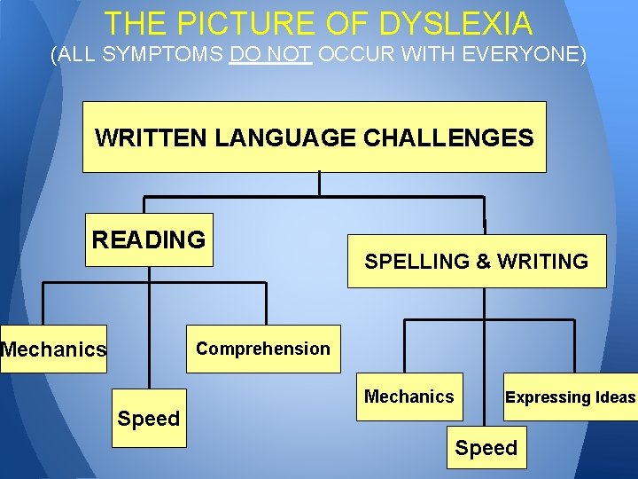 THE PICTURE OF DYSLEXIA (ALL SYMPTOMS DO NOT OCCUR WITH EVERYONE) WRITTEN LANGUAGE CHALLENGES