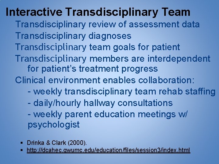 Interactive Transdisciplinary Team Transdisciplinary review of assessment data Transdisciplinary diagnoses Transdisciplinary team goals for