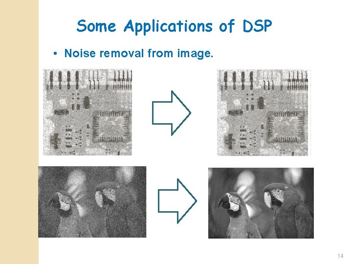 Some Applications of DSP • Noise removal from image. 14 