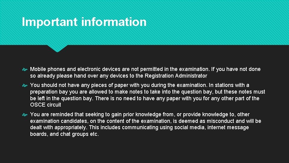 Important information Mobile phones and electronic devices are not permitted in the examination. If