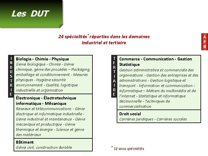 Les DUT 24 spécialités* réparties dans les domaines industriel et tertiaire I N D
