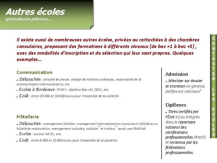 Autres écoles spécialisées privées… Il existe aussi de nombreuses autres écoles, privées ou rattachées