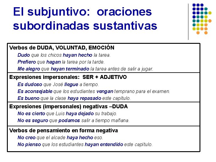 El subjuntivo: oraciones subordinadas sustantivas Verbos de DUDA, VOLUNTAD, EMOCIÓN Dudo que los chicos