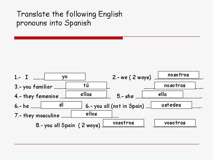 Translate the following English pronouns into Spanish yo 1. - I ……………… tú 3.