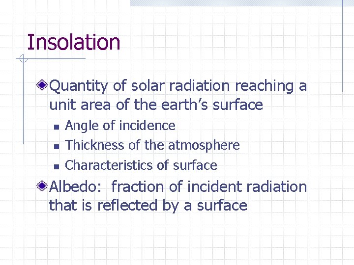 Insolation Quantity of solar radiation reaching a unit area of the earth’s surface n
