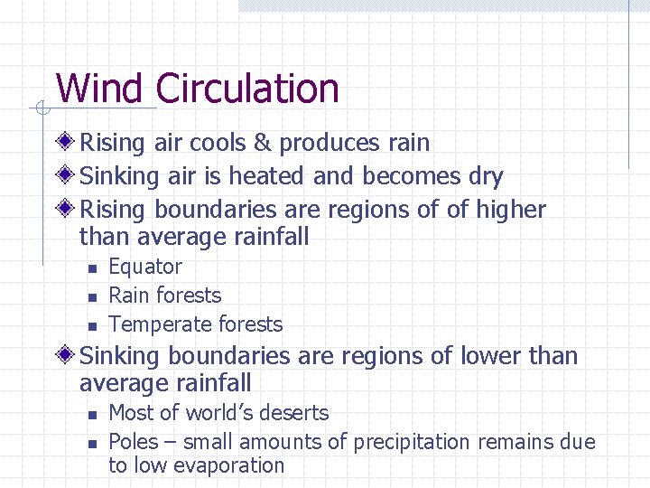 Wind Circulation Rising air cools & produces rain Sinking air is heated and becomes