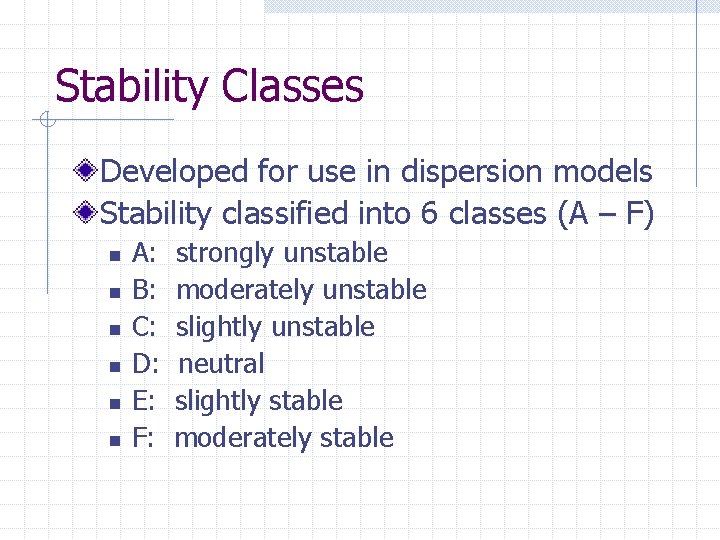 Stability Classes Developed for use in dispersion models Stability classified into 6 classes (A