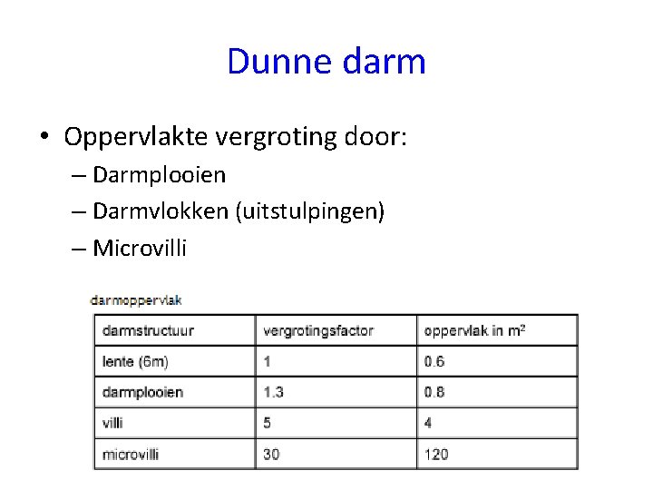 Dunne darm • Oppervlakte vergroting door: – Darmplooien – Darmvlokken (uitstulpingen) – Microvilli 
