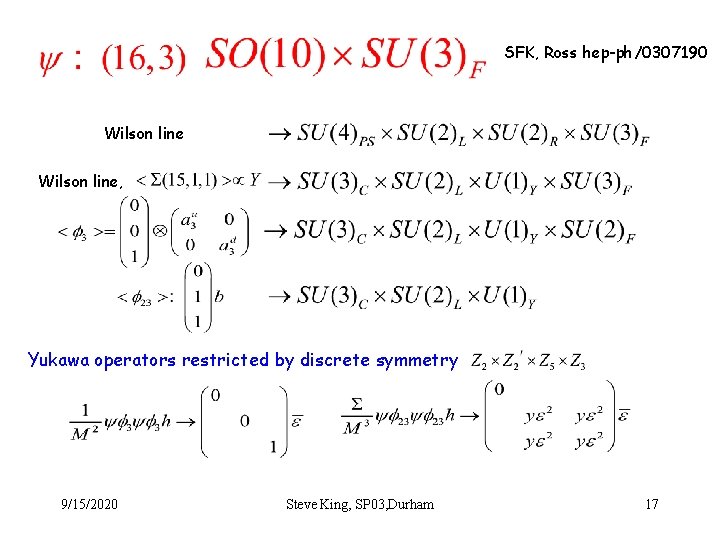 SFK, Ross hep-ph/0307190 Wilson line, Yukawa operators restricted by discrete symmetry 9/15/2020 Steve King,