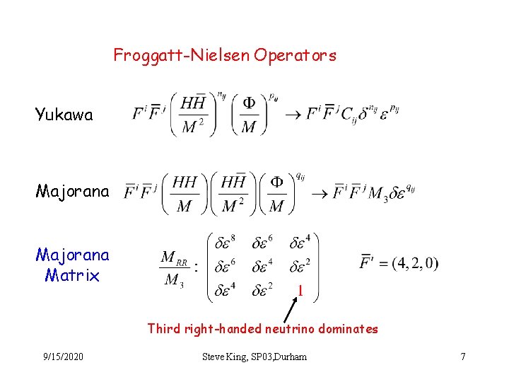 Froggatt-Nielsen Operators Yukawa Majorana Matrix Third right-handed neutrino dominates 9/15/2020 Steve King, SP 03,