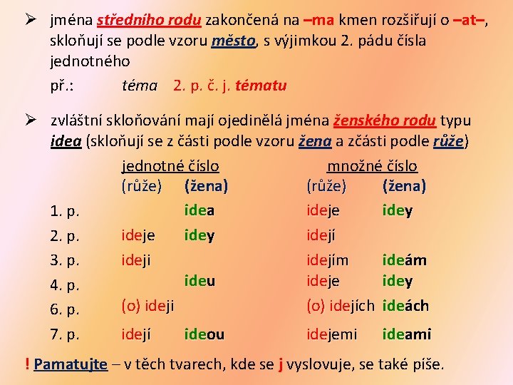 Ø jména středního rodu zakončená na –ma kmen rozšiřují o –at–, skloňují se podle