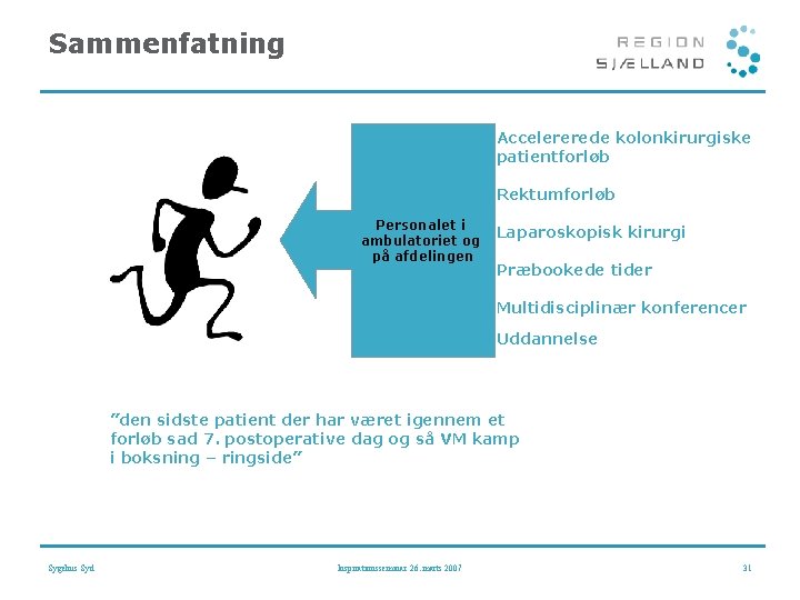 Sammenfatning Accelererede kolonkirurgiske patientforløb Rektumforløb Personalet i Laparoskopisk kirurgi ambulatoriet og på afdelingen Præbookede