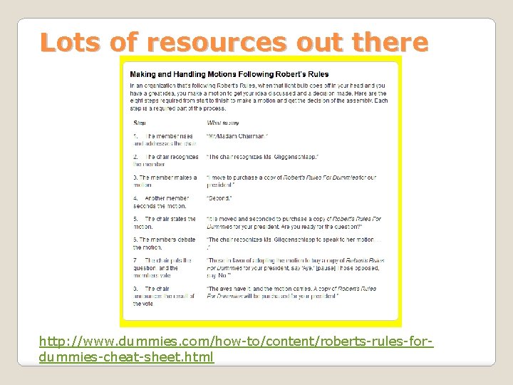 Lots of resources out there http: //www. dummies. com/how-to/content/roberts-rules-fordummies-cheat-sheet. html 
