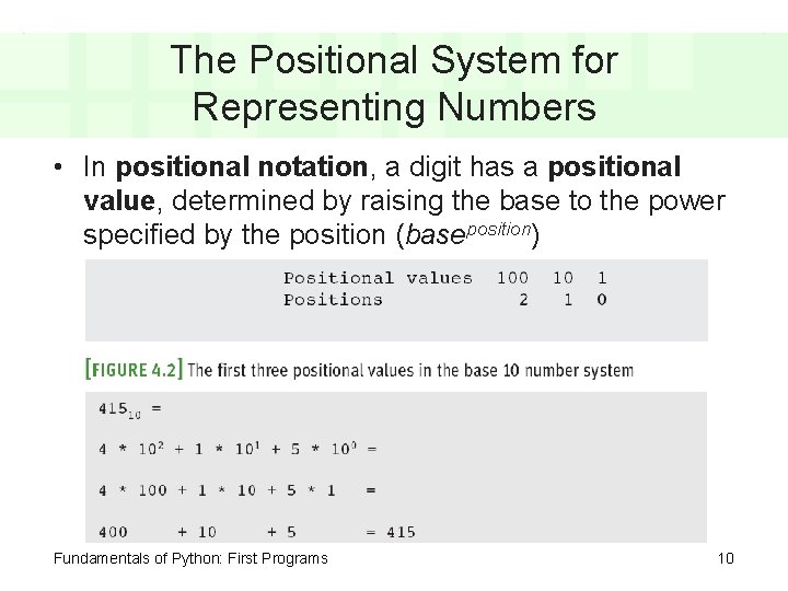 The Positional System for Representing Numbers • In positional notation, a digit has a