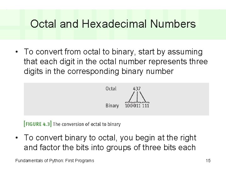 Octal and Hexadecimal Numbers • To convert from octal to binary, start by assuming