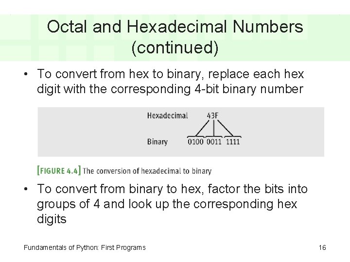 Octal and Hexadecimal Numbers (continued) • To convert from hex to binary, replace each