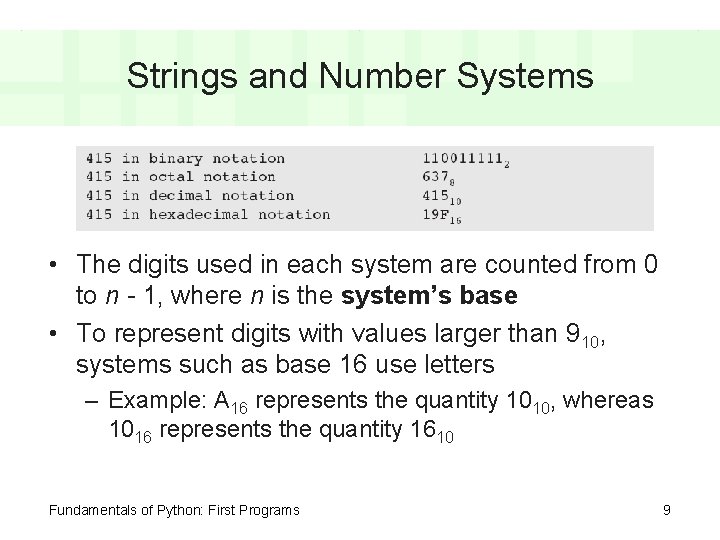 Strings and Number Systems • The digits used in each system are counted from Strings and Number Systems • The digits used in each system are counted from