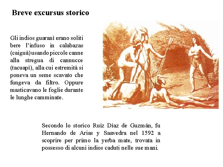 Breve excursus storico Gli indios guaranì erano soliti bere l’infuso in calabazas (caiguà) usando