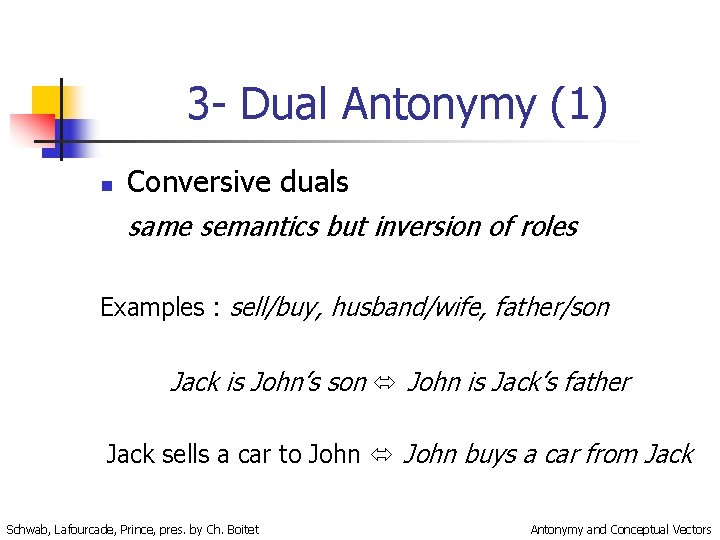 3 - Dual Antonymy (1) n Conversive duals same semantics but inversion of roles