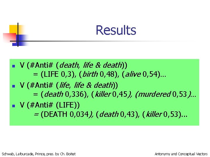 Results n n n V (#Anti# (death, life & death)) = (LIFE 0, 3),