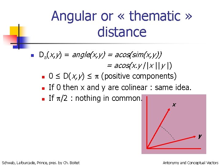 Angular or « thematic » distance n Da(x, y) = angle(x, y) = acos(sim(x,