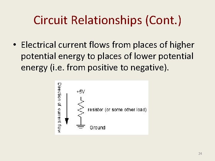 Circuit Relationships (Cont. ) • Electrical current flows from places of higher potential energy