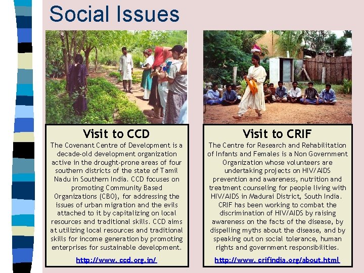 Social Issues Visit to CCD Visit to CRIF The Covenant Centre of Development is