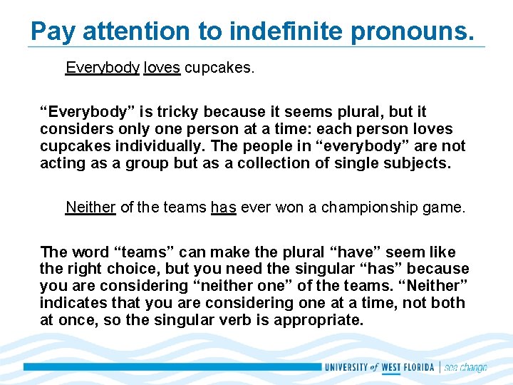 Pay attention to indefinite pronouns. Everybody loves cupcakes. “Everybody” is tricky because it seems